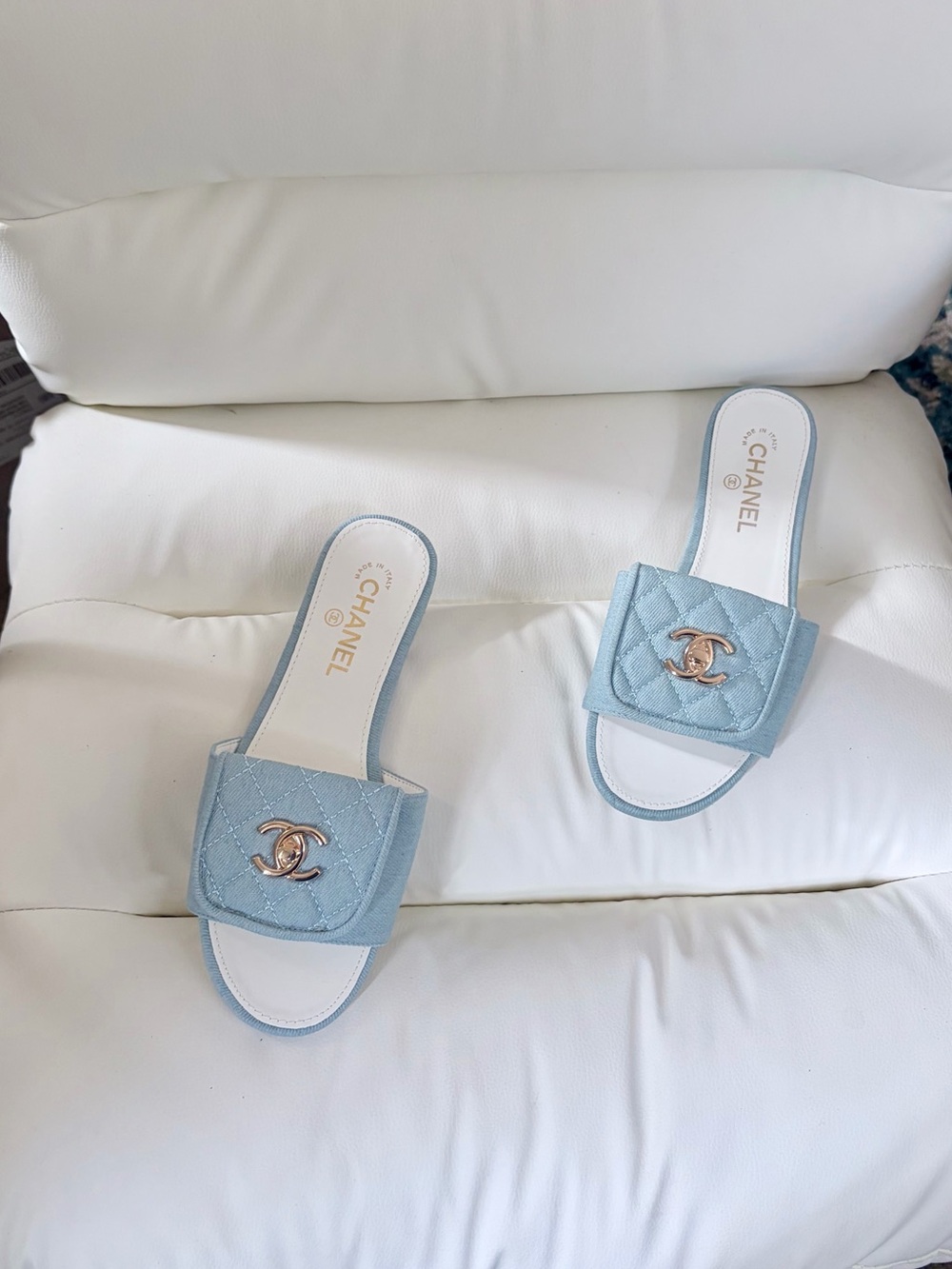 CHANEL Powder Blue Quilted Slide Mules with Gold CC Emblem - Size 38 - Picture 3 of 6
